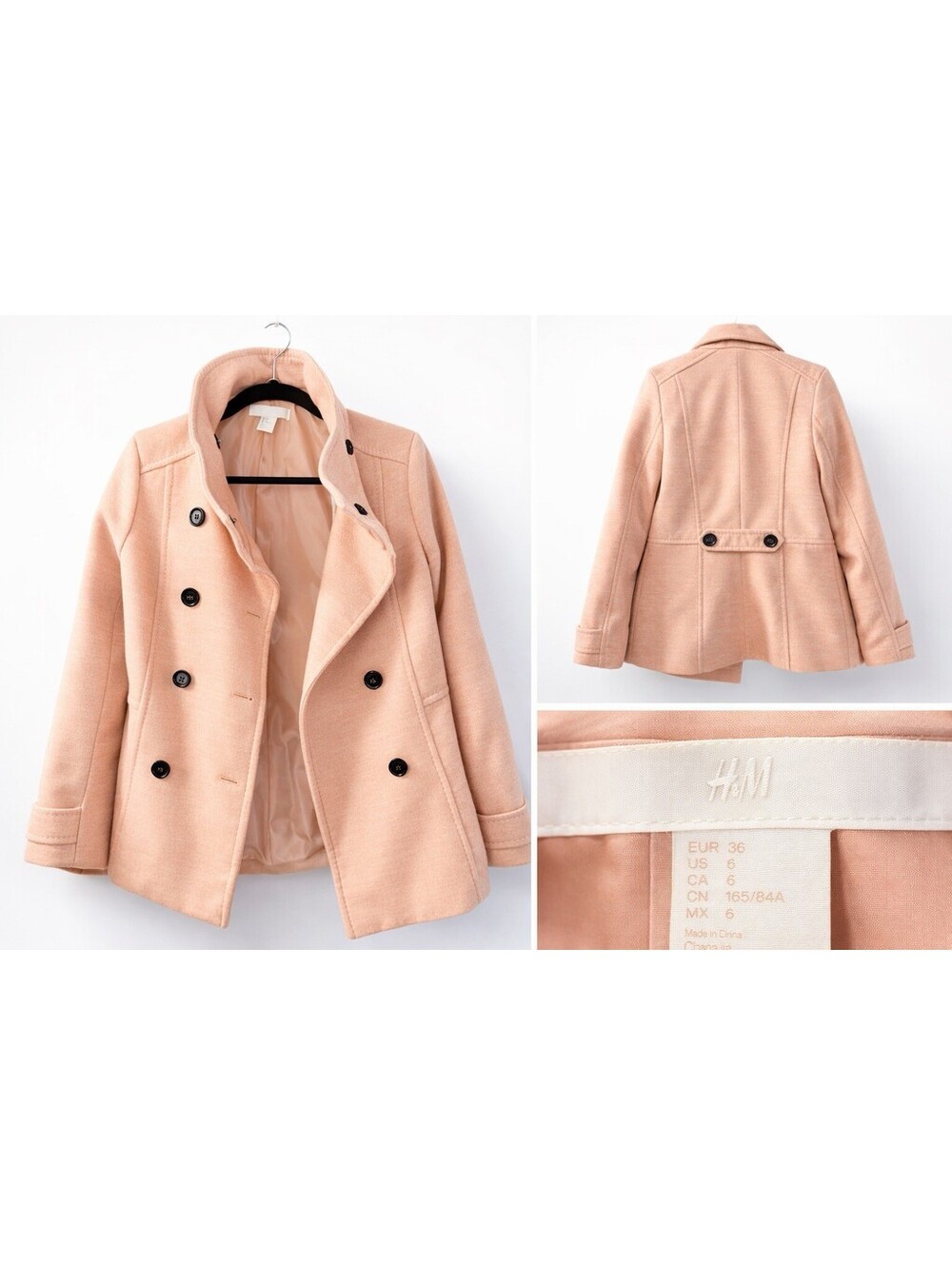 H&M Double Breasted Dusty Pink Heather Pea Coat Jacket, Size 6 Button Up Soft